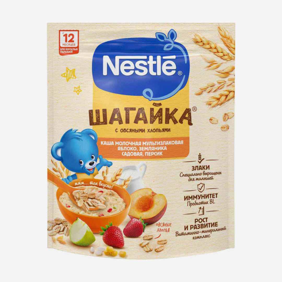 Nestle բազմահատիկանի կաթնային շիլա (խնձոր, ելակ, դեղձ) 12ամս.+ 190 գ