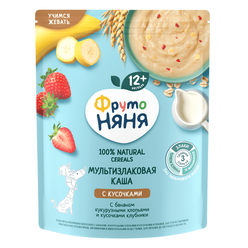 Фруто Няня каша мультизлаковая с кусочками бананом,клубники 12 мес. 200гр  -,